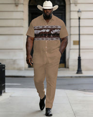 Big & Tall Men's Western Classic Horse Racing Group Pattern Printed Short Sleeve Shirt And Pants Set