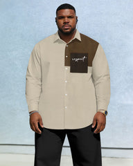 Men's Plus Size Casual Holiday Dating Colour Block Patchwork Khaki Letter Pocket Printed Wrinkle-resistant New Lassel Long Sleeve Shirt