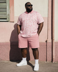 Big & Tall Men's Pink High-end Jacquard Business Leisure Vacation POLO Shirt Short-sleeved Shorts Set