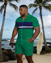 Big & Tall Men's Spring And Summer New Leisure Vacation Simple Blue Contrast Stitching Short Sleeve Shirt Shorts Suit