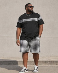 Big & Tall Men's Classic Black And White Plaid Contrast-Patchwork Short-Sleeve T-Shirt And Shorts Set