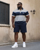 Big & Tall Men's Royal Blue Stripe Contrast Design POLO Shirt Short Sleeve Shorts Set