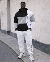Large Size Men's Autumn And Winter Warm Classic Black Gray White Contrast Color Geometric Stitching Printed Hoodie Sweatpants Set