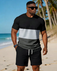 Big & Tall Men's Simple Black & Grey Contrast Stitching Short Sleeve T-Shirt Shorts Set