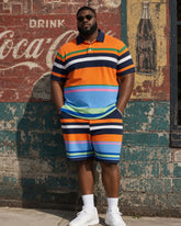 Big & Tall Men's Rainbow Contrast Striped Polo Shirt Short Sleeve Shorts Set