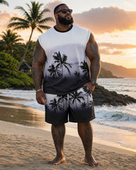 Big & Tall Men's Black & White Gradient Plant Silhouette Print Scene Vest Shorts Set