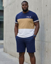 Big & Tall Men's Classic Color Contrast Thick Stripe Stitching Polo Print Short Sleeve T-Shirt Shorts Set