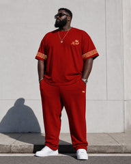 Big & Tall Men's Red King Cuff Feature Design Chest Crown Print Short Sleeve T-Shirt Sport Pants Set