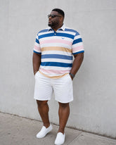 Big & Tall Men's Summer Casual Blue Striped With White Shorts POLO Shirt Short Sleeve Shorts Set