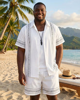 Big & Tall Men's Holiday Simple Geometric Line Symmetrical White Button Short Sleeve Shirt Shorts Set