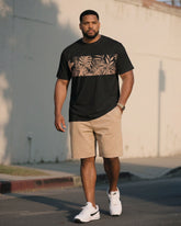 Big & Tall Men's Khaki & Black Hawaiian Casual Stitching T-Shirt Shorts Set