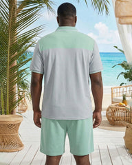 Big & Tall Men's Feature Color Contrast Green & Grey Short Sleeve Polo Shirt Short Sleeve Shorts Set