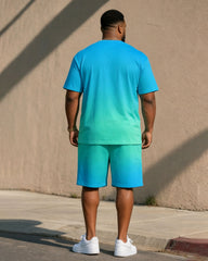 Big & Tall Men's Blue Gradient Chest Coconut Tree Simple Hawaiian T-Shirt Shorts Set