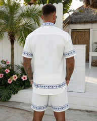 Big & Tall Men's Hawaiian Holiday Casual Party Gift Giving, Symmetrical Geometric Floral White Short Sleeve Shirt Shorts Set