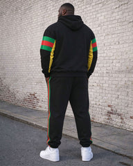 Large Size Men's Autumn And Winter Warm Woven Belt Printed Black Hoodie Sweatpants Set