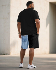 Men's Plus Size Denim Patchwork Letter Printed Short-Sleeved T-Shirt Shorts Set