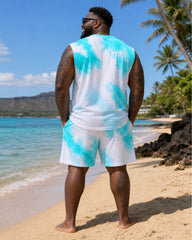 Big & Tall Men's Hawaiian Vacation Casual Dating Tie-Dye White & Blue Chest Coconut Tree Silhouette Print Vest Shorts Set