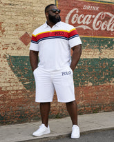 Big & Tall Men's White & Thick Stripe Stitching Chest Small Label POLO Shirt Short Sleeve Shorts Set