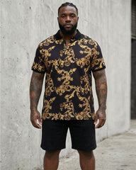 Big & Tall Men's Luxury Baroque Black & Gold Polo Shirt Short Sleeve Shorts Set