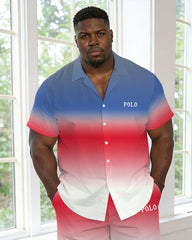 Men's Plus Size Pink & Blue & White Gradient Shirt Pants Set
