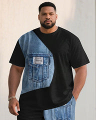 Men's Plus Size Denim Patchwork Letter Printed Short-Sleeved T-Shirt Shorts Set