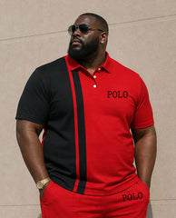 Big & Tall Men's Simple Daily Leisure Travel Black & Red Contrast Color Chest Small Label Printed POLO Shirt Short Sleeve Shorts Set