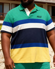 Big & Tall Men's Multicolor Contrast Irregular Stripe Patchwork Printed POLO Shirt Shorts Set