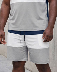 Big & Tall Men's Blue & White & Grey Contrast Chest Polo Print T-Shirt Shorts Set