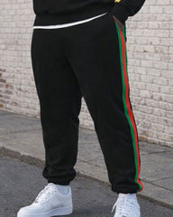 Large Size Men's Autumn And Winter Warm Woven Belt Printed Black Hoodie Sweatpants Set