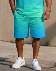 Big & Tall Men's Blue Gradient Chest Coconut Tree Simple Hawaiian T-Shirt Shorts Set
