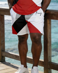 Hawaii Vacation Simple Stitching Chest "king" Slogan Printing Short Sleeve T-shirt Shorts Suit Large Size Men
