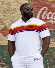 Big & Tall Men's White & Thick Stripe Stitching Chest Small Label POLO Shirt Short Sleeve Shorts Set
