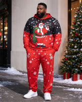 Large Size Men's Autumn And Winter Warm Red & Black Snowflake Santa Hoodie Sweatpants Set