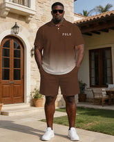 Men's Plus Size Brown Gradient Small Label Printed Short Sleeve Polo Shirt Shorts Set