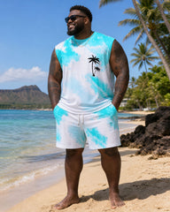 Big & Tall Men's Hawaiian Vacation Casual Dating Tie-Dye White & Blue Chest Coconut Tree Silhouette Print Vest Shorts Set