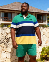 Big & Tall Men's Multicolor Contrast Irregular Stripe Patchwork Printed POLO Shirt Shorts Set
