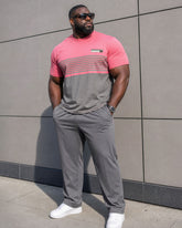 Big & Tall Men's Pink & Grey Elegant Color Striped Short Sleeve T-Shirt Sports Pants Set