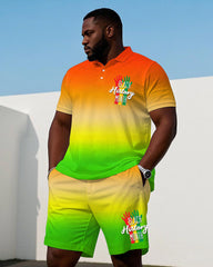 Big & Tall Men' Reggae Style Color Matching June Festival Short Sleeve POLO Shirt Shorts Set
