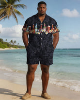 Large Size Men's Jacquard Pattern Wine Bottle Party Carnival Holiday Casual Short Sleeve Shirt Shorts Set