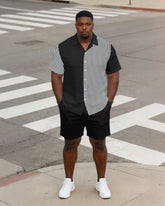 Men's Large Size Striped Stitching Black Solid Color Short Sleeve Shirt Shorts Set