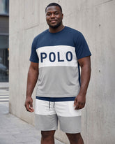 Big & Tall Men's Blue & White & Grey Contrast Chest Polo Print T-Shirt Shorts Set