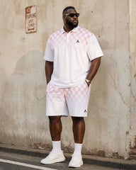 Big & Tall Men's White & Pink Checkerboard Gradient Business POLO Shirt Short Sleeve Shorts Set