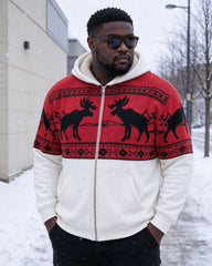 Large Size Men's Autumn And Winter Warm Fleece-lined Cold-proof Christmas White & Red Elk Mascot Casual Jacket Hooded Jacket