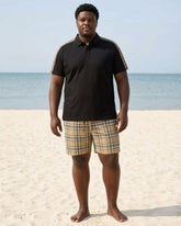 Big & Tall Men's Special Patchwork Plaid Black & Khaki POLO Short Sleeve Shorts Set
