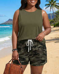 Hawaii Vacation Dating Party Carnival Casual Daily Seaside Camouflage Army Green Plus Size Women's Tank Top Shorts Set