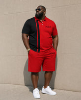 Big & Tall Men's Simple Daily Leisure Travel Black & Red Contrast Color Chest Small Label Printed POLO Shirt Short Sleeve Shorts Set