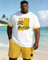 Big & Tall Men's Yellow Jacquard Chest Positioning Printed Short Sleeve T-shirt Shorts Set