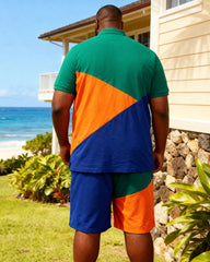 Big & Tall Men's Green & Orange & Blue Large Triangle Contrast Polo Shirt Shorts Set