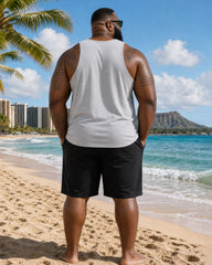 Big & Tall Men's Hawaiian Simple Casual Grey & Black Coconut Tree Silhouette Vest Shorts Set