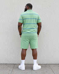 Big & Tall Men's Simple Daily Leisure Travel Business Vacation Green Striped POLO Shirt Short Sleeve Shorts Set